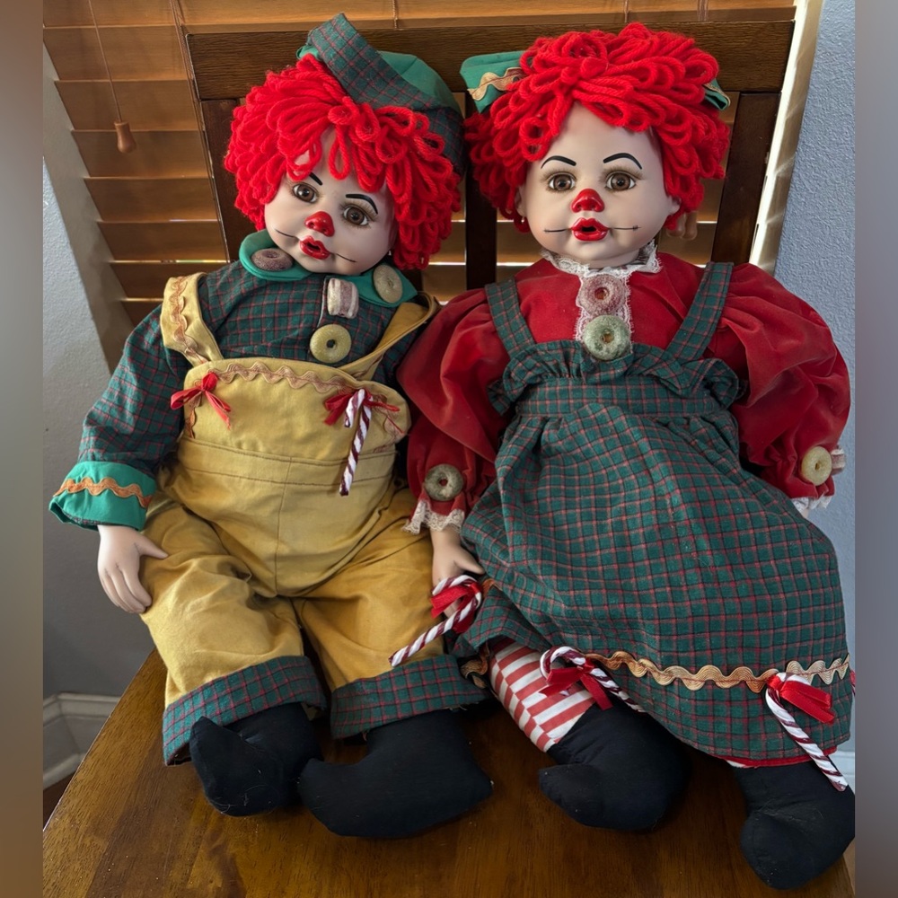Beverly Stoehr •Raggedy Ann & Andy Elf Dolls Signed and Numbered 2003 Porcelain